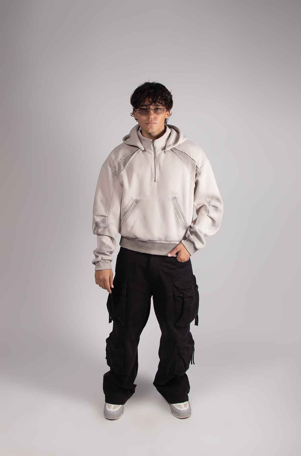 Dual Beige Mid Zip Hoodie