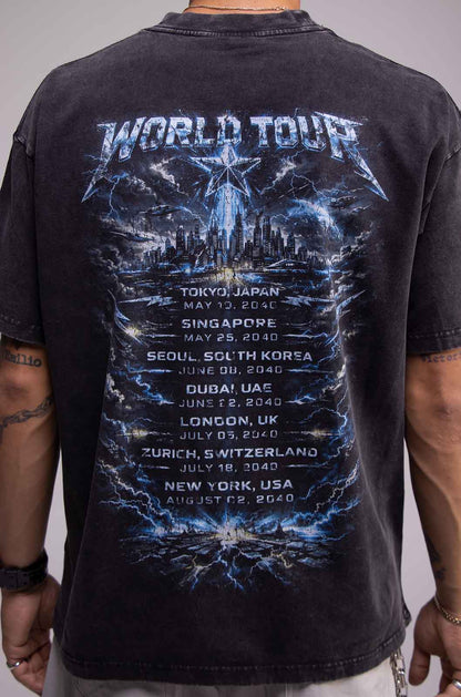Playera WORLD TOUR Negra Deslavada 275gsm