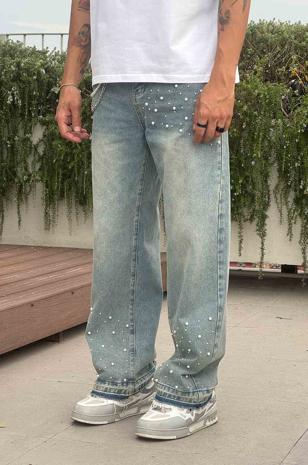 PEARL CHAIN BAGGY JEANS — 14 OZ