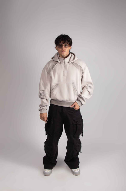 Dual Beige Mid Zip Hoodie