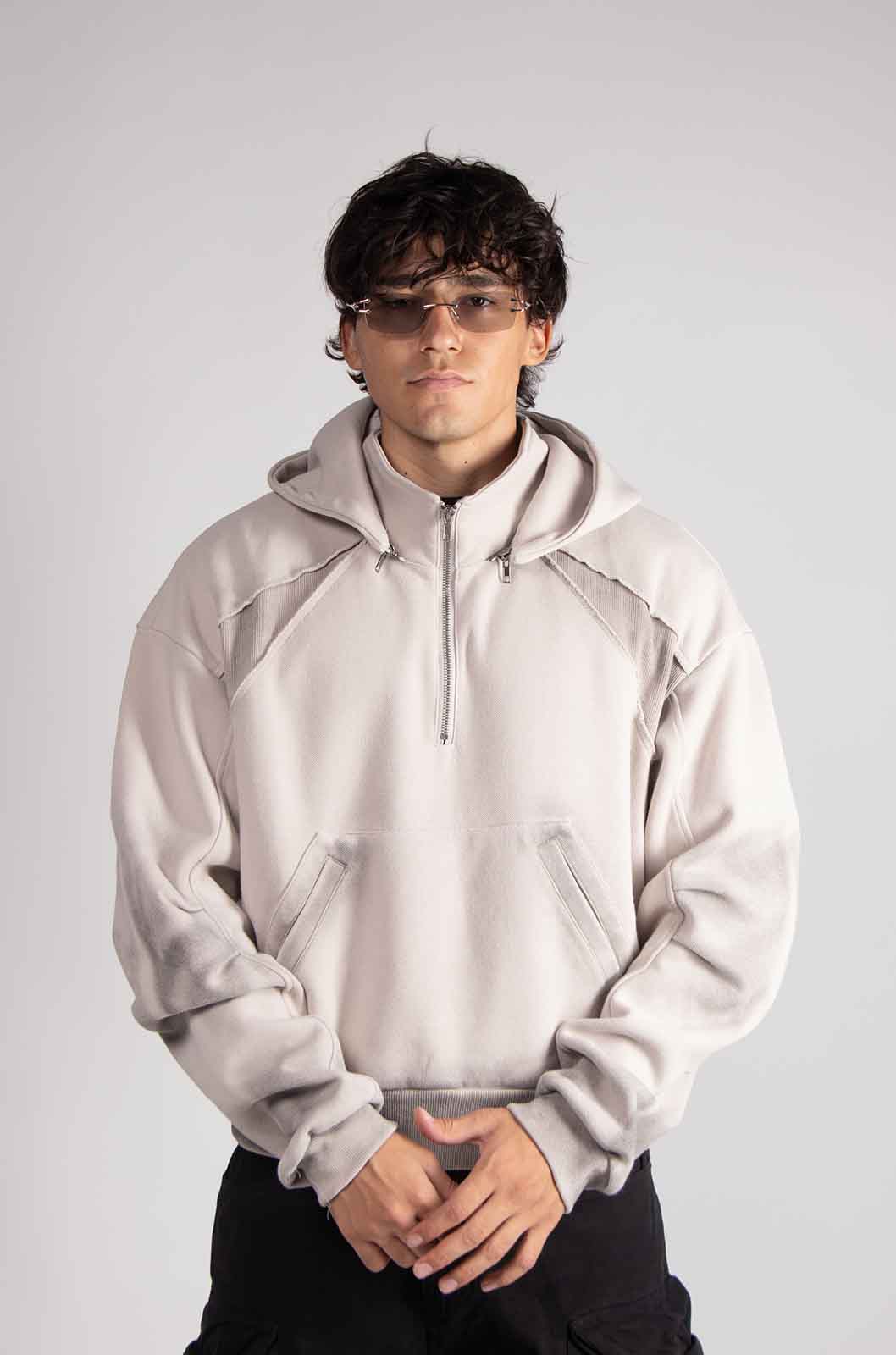 Dual Beige Mid Zip Hoodie