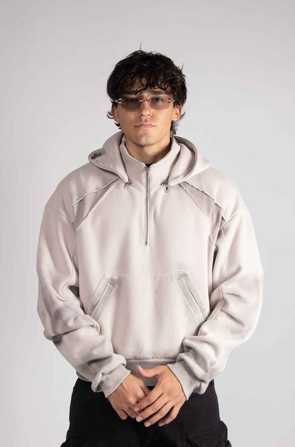 Dual Beige Mid Zip Hoodie