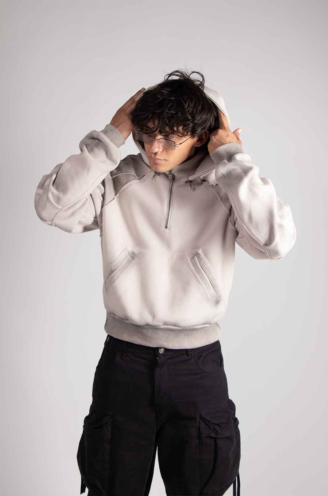 Dual Beige Mid Zip Hoodie