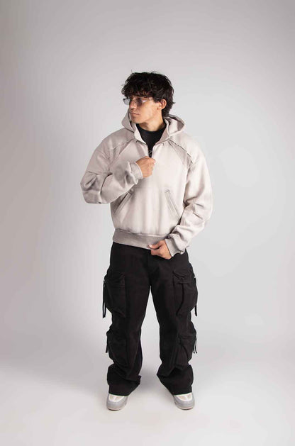 Dual Beige Mid Zip Hoodie