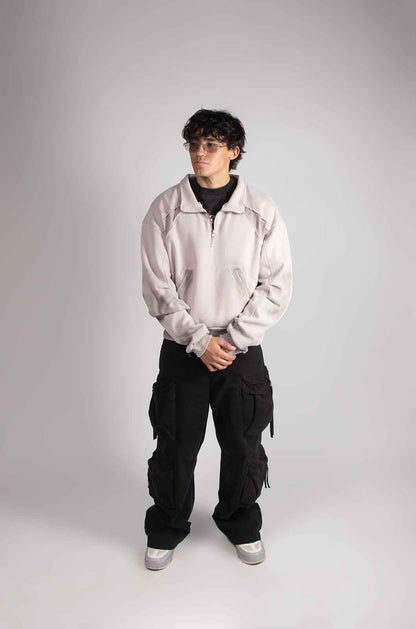 Dual Beige Mid Zip Hoodie