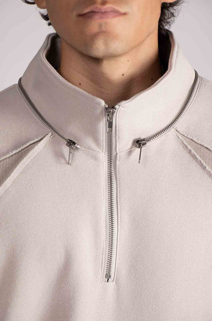 Dual Beige Mid Zip Hoodie