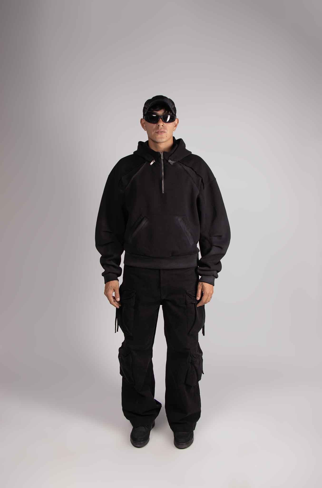 Dual Black Mid Zip Hoodie