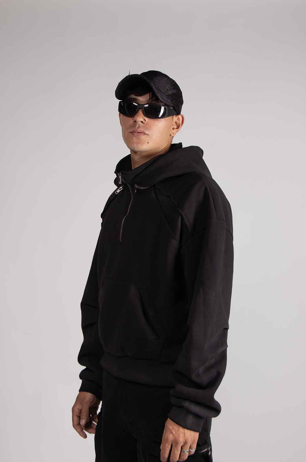 Dual Black Mid Zip Hoodie