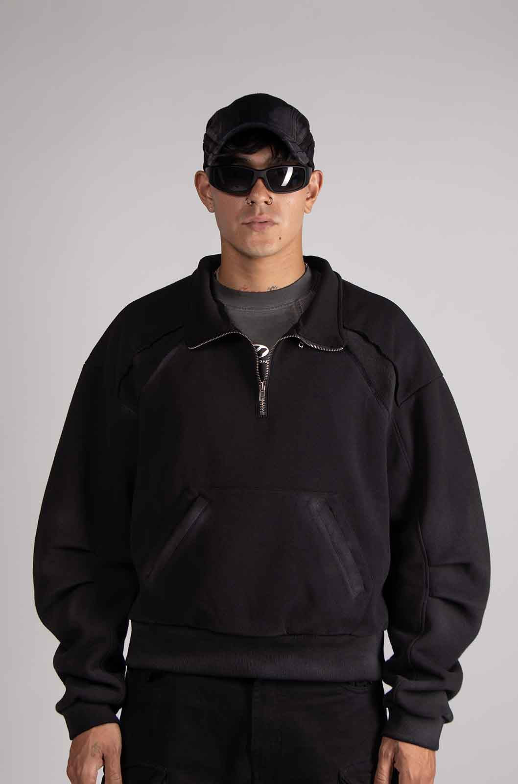 Dual Black Mid Zip Hoodie