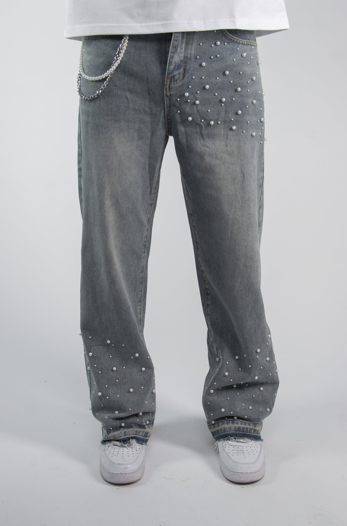 PEARL CHAIN BAGGY JEANS — 14 OZ