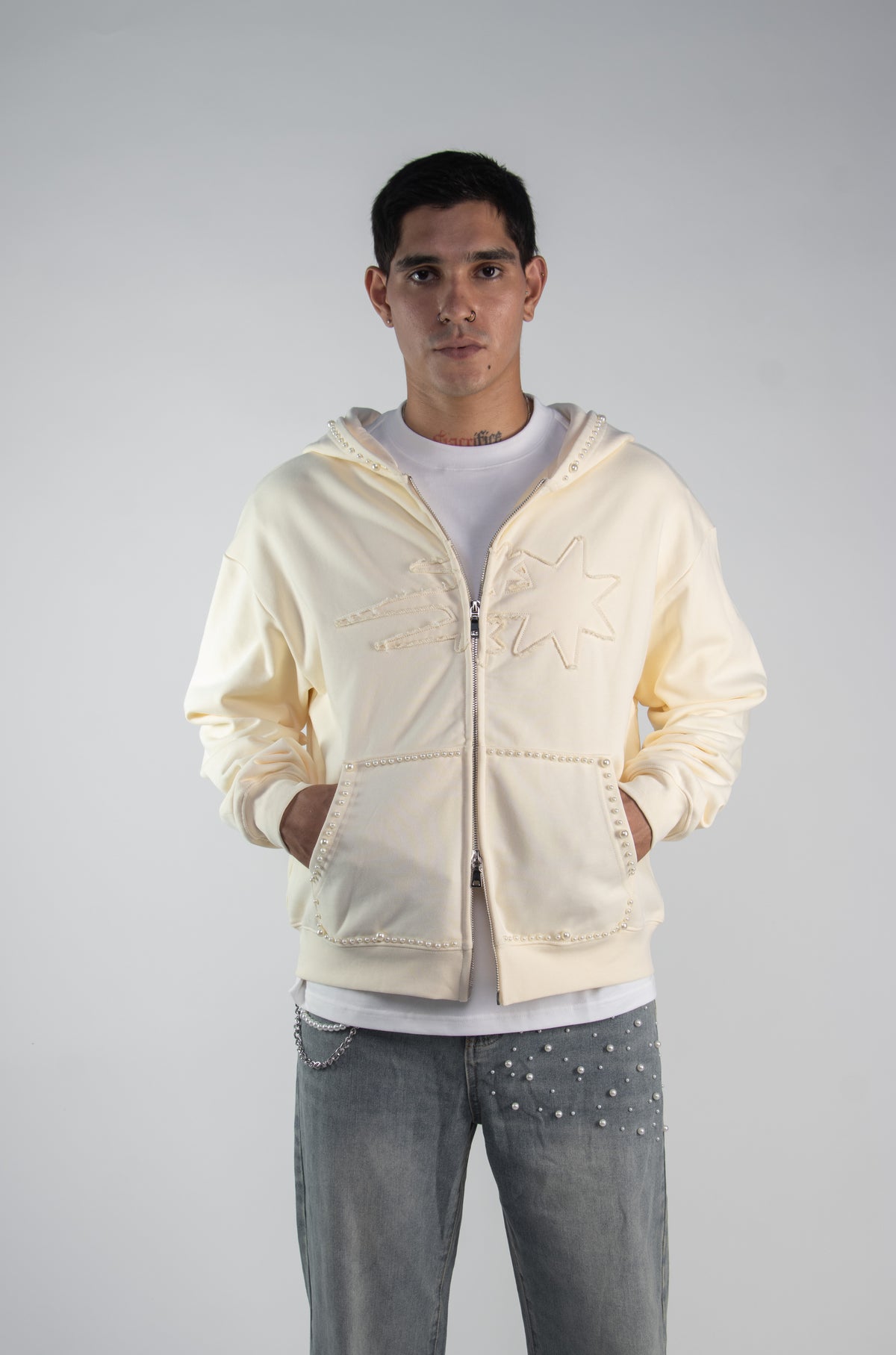 CREAM PEARL ZIP HOODIE — 420 GSM
