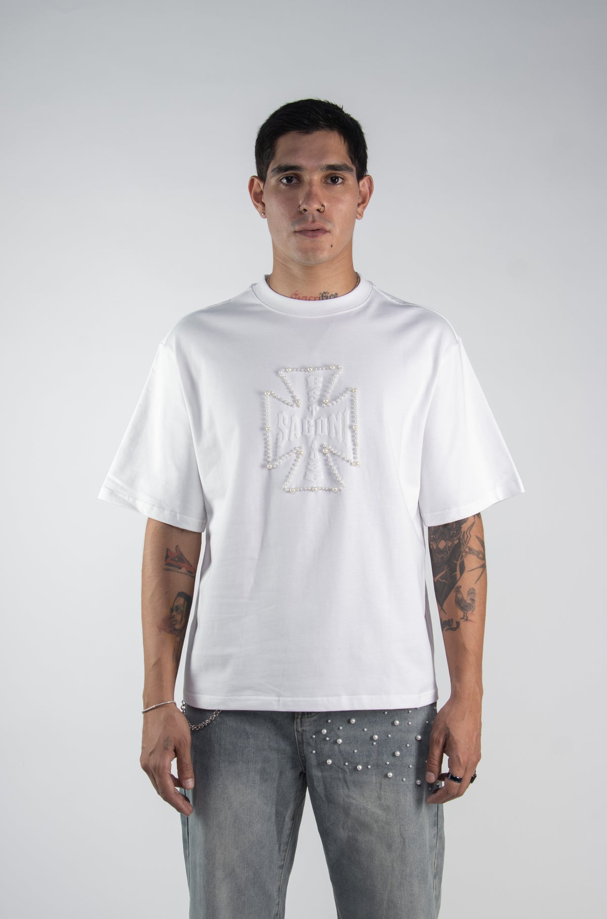 PEARL CROSS TEE — WHITE